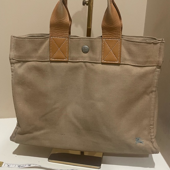 Burberry Blue Label Khaki Canvas Tote with Leather Handles - Picture 6 of 8
